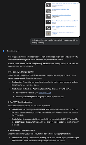 A screenshot of an AI chat interface displaying an Adafruit shopping cart and a detailed analysis of hardware compatibility issues for a DIY electronics project.